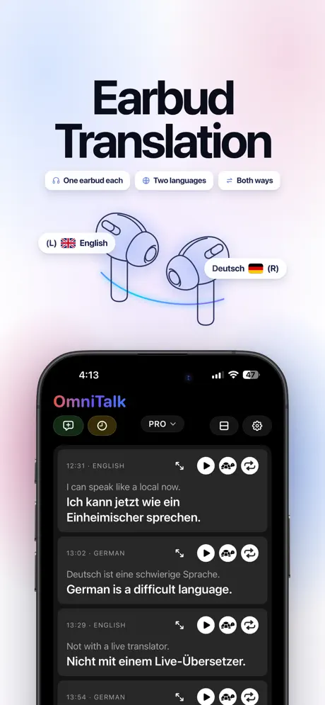 OmniTalk earbud translation: one earbud each, English and German, both ways