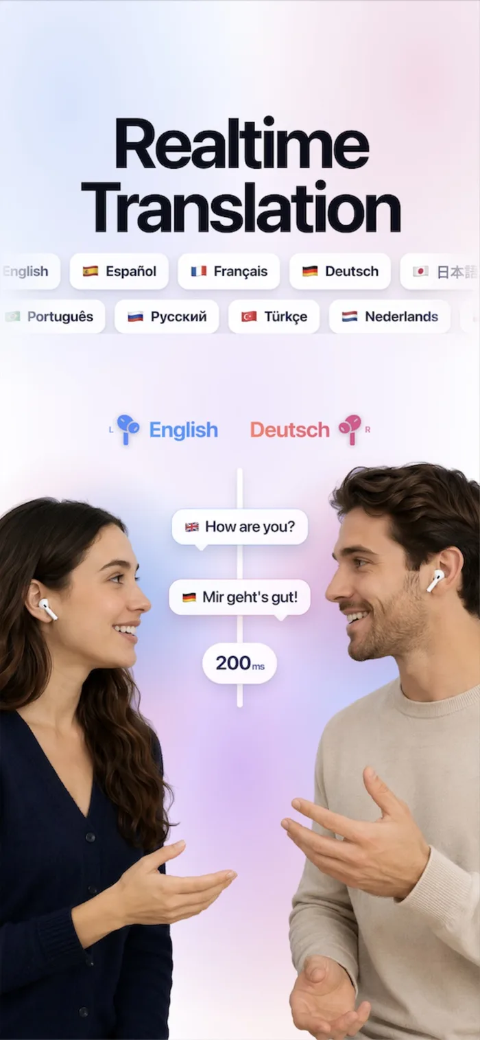 Two people having a real-time translated conversation with earbuds, English to German